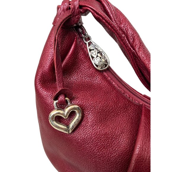 Brighton Burgundy Red Pebbled Leather Bow Shoulder Bag Silver Heart Charm Purse - Picture 8 of 12